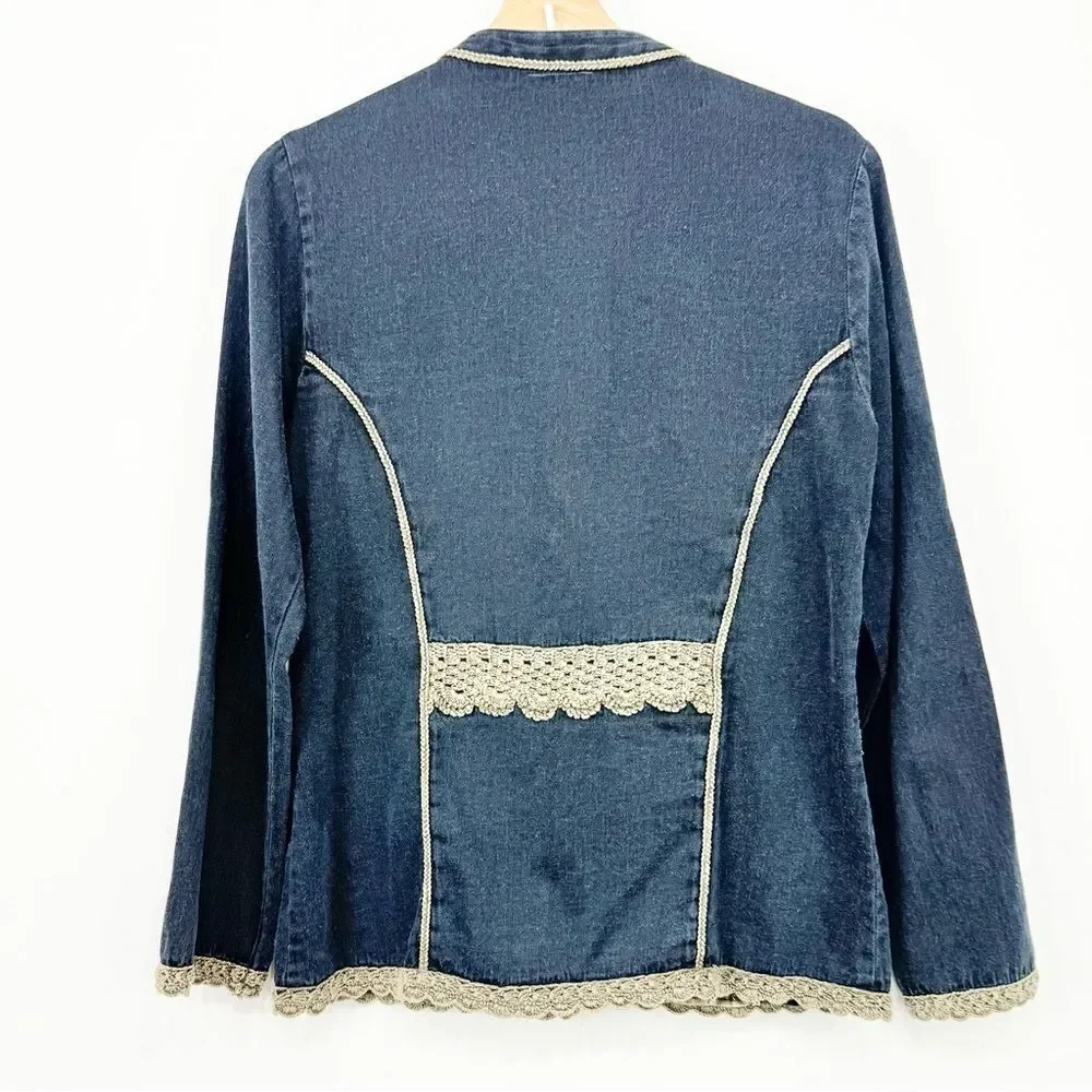 Parsley & Sage Blue Tan Cotton Denim Embroidered Lightweight Boho Jacket
